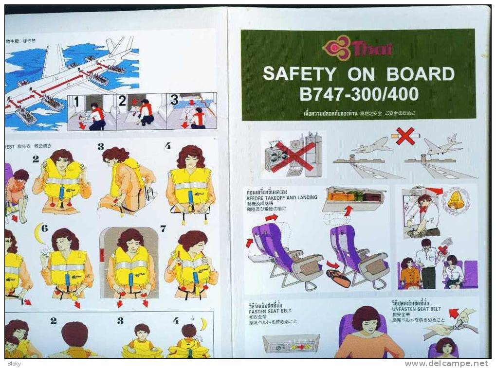 2000 THAI AIRWAYS   BANGKOK -FRANCFORT SAFETY ON BORD  AVION B747-300-400 Double Format A4 - Veiligheidskaarten