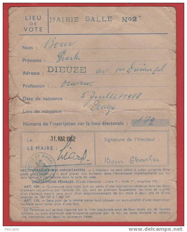 Carte D´électeur De 1962 à Dieuze Moselle - Historical Documents