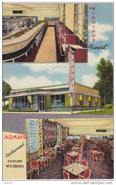 Rawlins WY Adams Restaurant Multi-view Vintage Curteich Linen Postcard, Interior Luch Counter - Other & Unclassified
