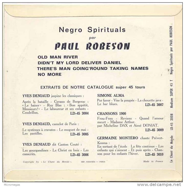 45T Paul Robeson : Negro-spirituals - Chants Gospels Et Religieux