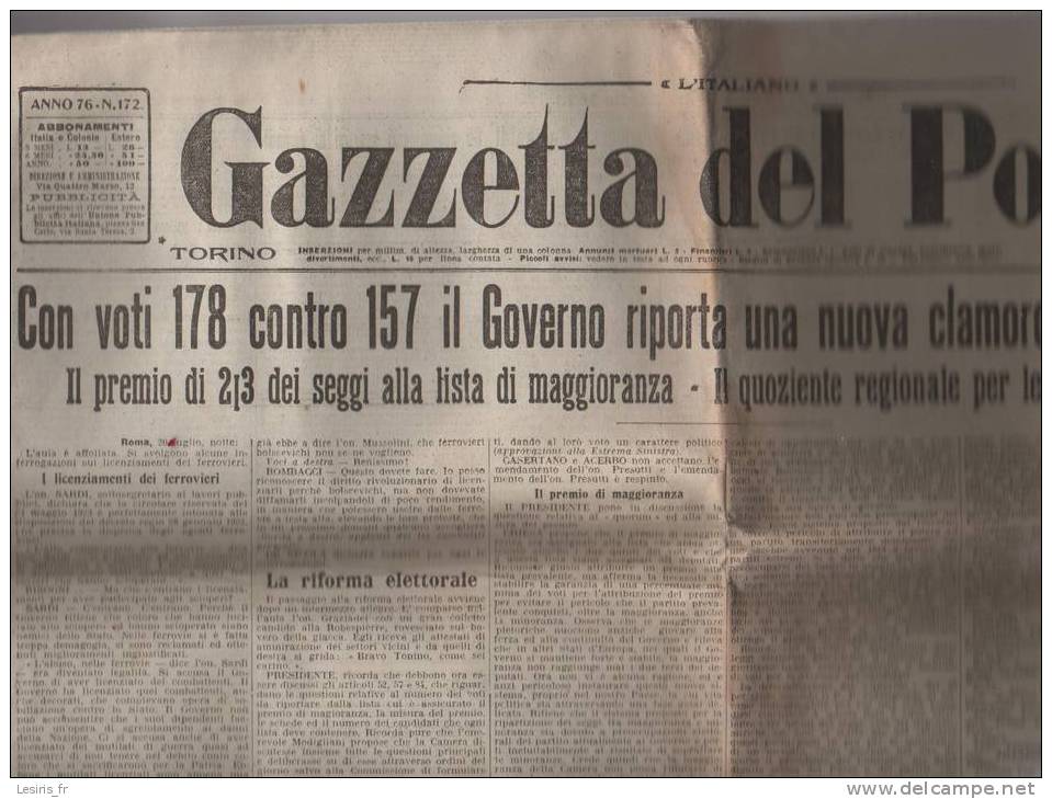 GAZZETTA DEL POPOLO - 21 LUGLIO 1923 - CON VOTI 178 CONTRO 157 IL GOVERNO RIPORTA UNA NUOVA CLAMOROSA VITTORIA ALLA CAME - Autres & Non Classés