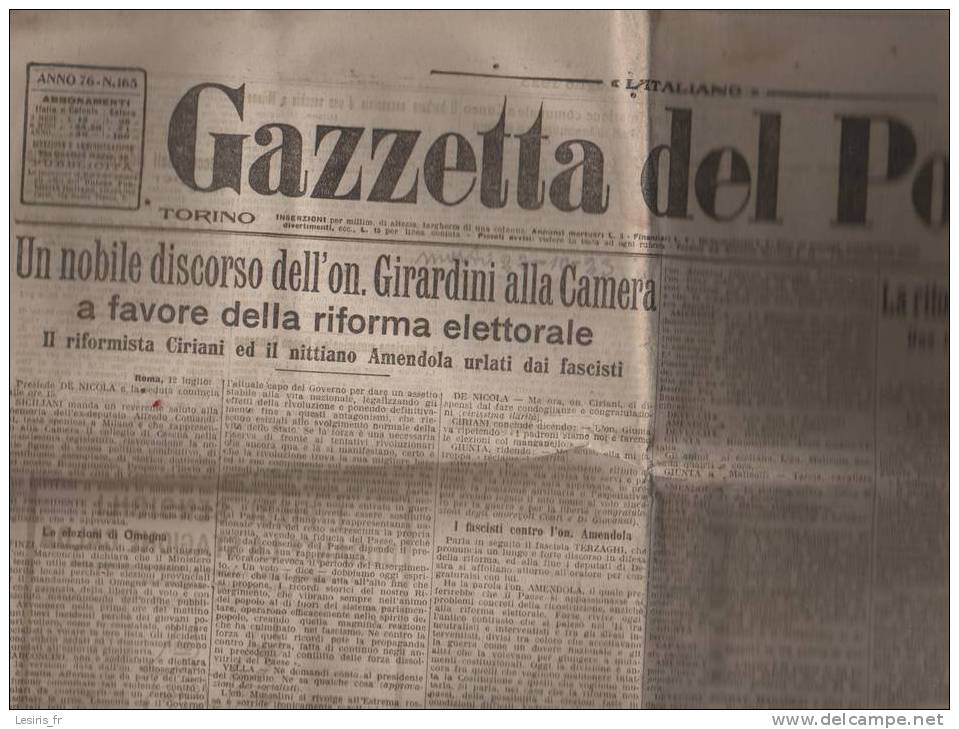 GAZZETTA DEL POPOLO - 13 LUGLIO 1923 - UN NOBILE DISCORSO DELL' ON. GIRARDINI ALLA CAMERA A FAVORE DELLA RIFORMA ELETTOR - Autres & Non Classés