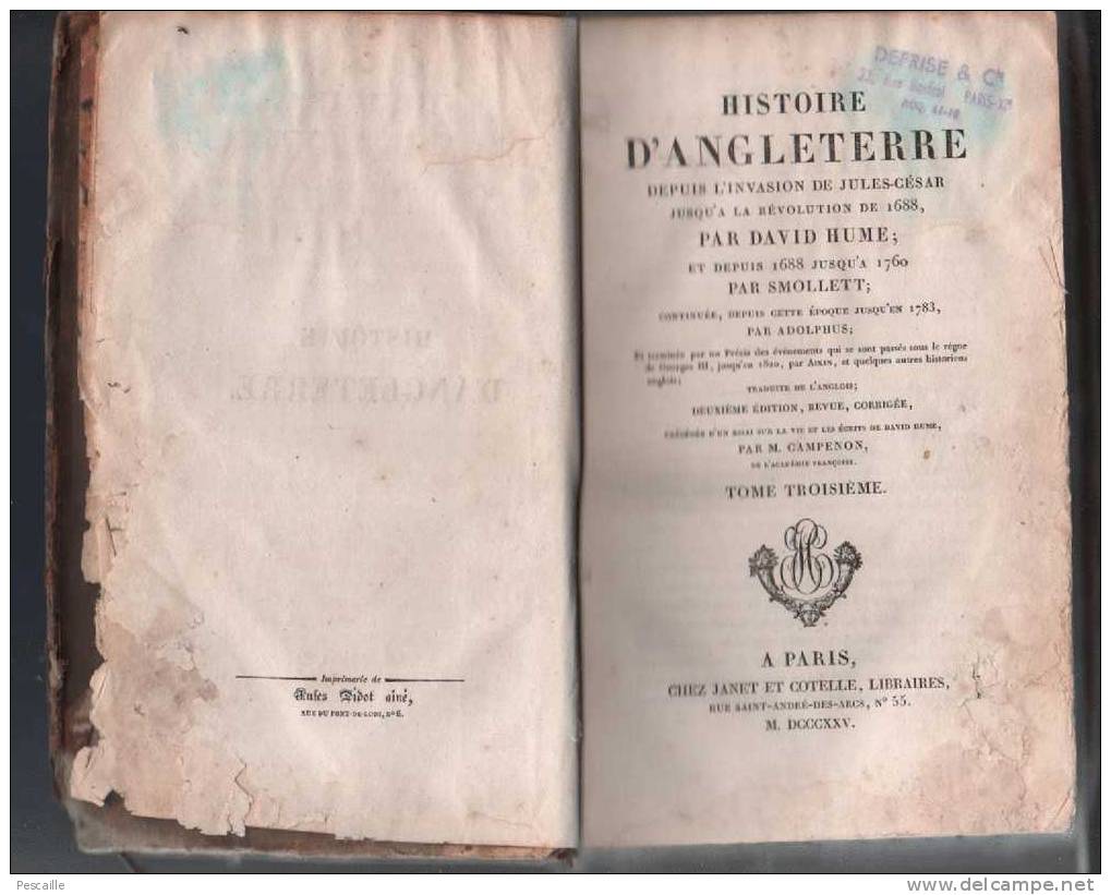 HISTOIRE D´ANGLETERRE PAR DAVID HUME SMOLLETT ET ADOLPHUS - TOME TROISIEME 1825 - 1801-1900