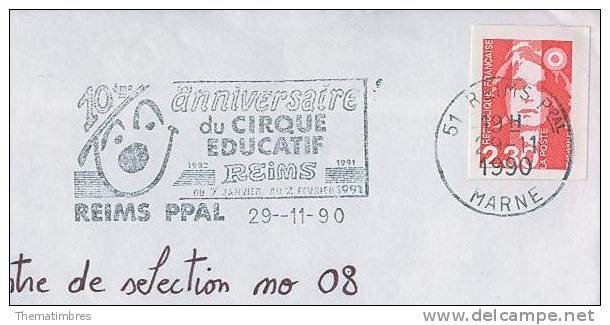 F1487 10e Anniversaire Du Cirque Educatif Flamme Reims PPAL 1990 - Circus