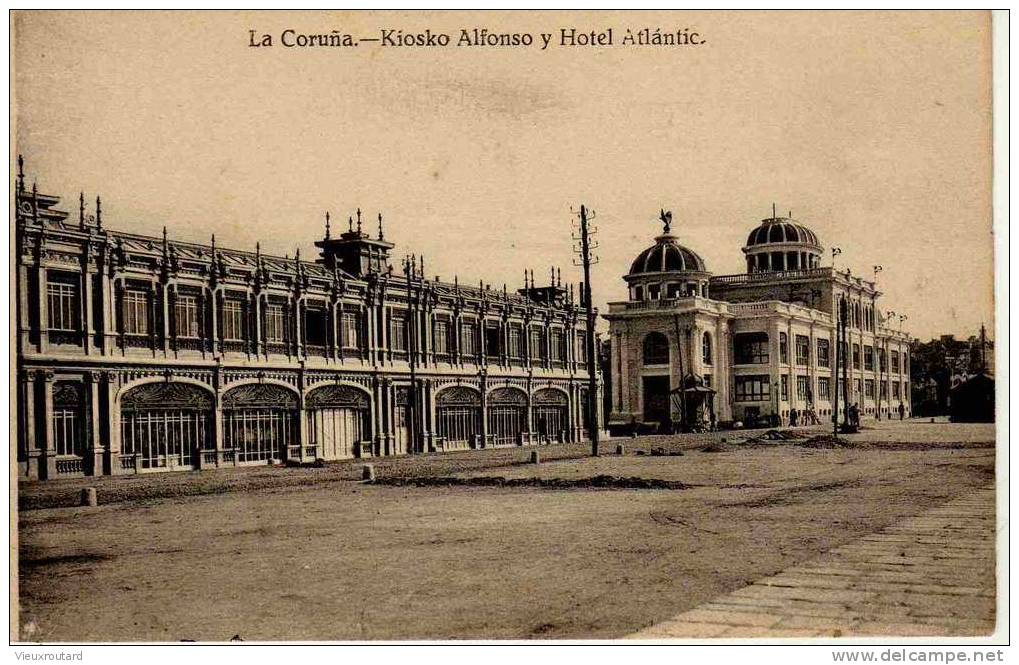 CPA. ANIMEE. LA CORUNA. KIOSKO ALFONSO Y HOTEL ALTLANTIC. - La Coruña