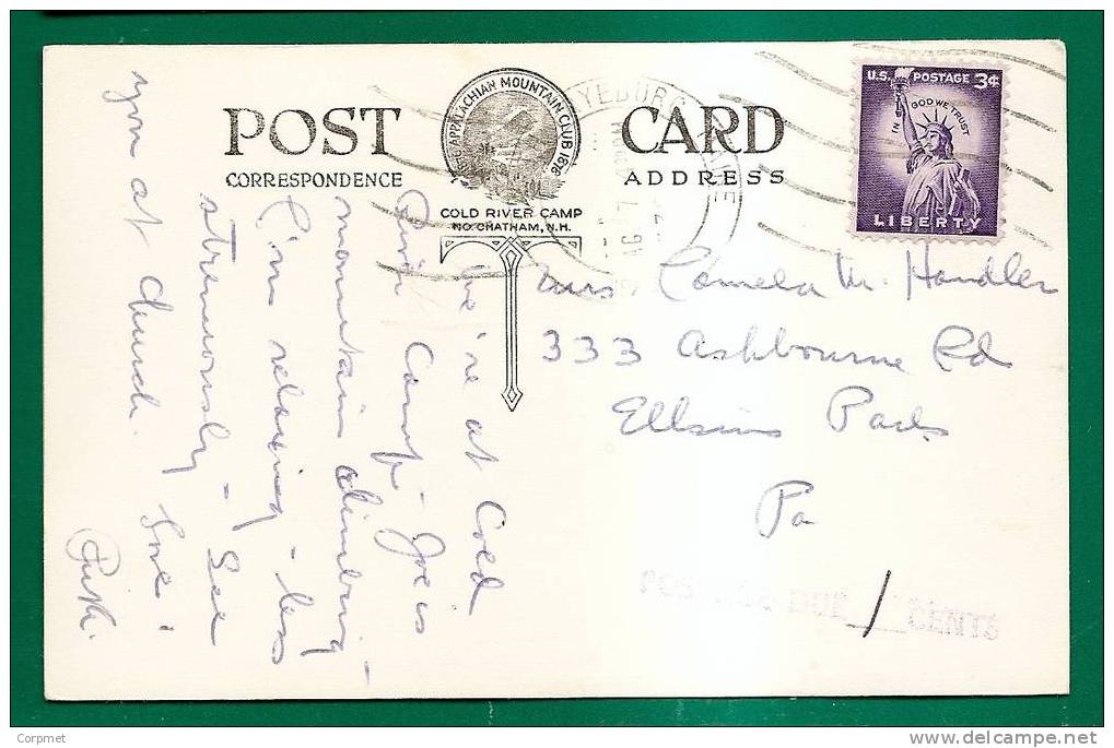 BALDFACE LEDGE, NORTH CHATHAM, NH - Circulated POSTCARD W/ STATUE OF LIBERTY Stamp - POSTAGE DUE 1 CENT Alongside Cancel - Franqueo