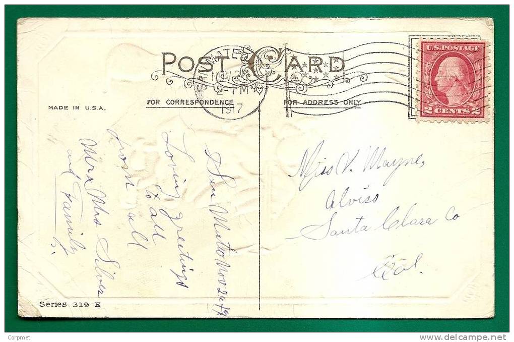 THANKSGIVING -  Embossed VF GIRL And CAT -  POSTCARD Sent In 1917 In SAN MATEO, CA - Giorno Del Ringraziamento