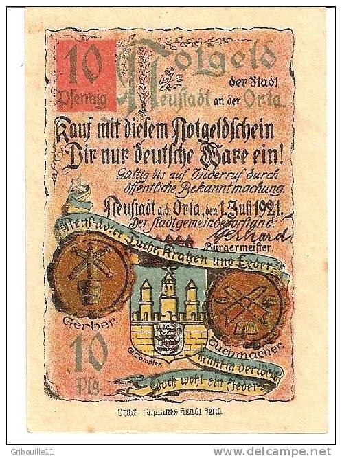 NEUSTADT AN DER ORLA   -   ** 10 PFENNIG GUTSCHEIN  VOM 01 07 1921 ** - Otros & Sin Clasificación