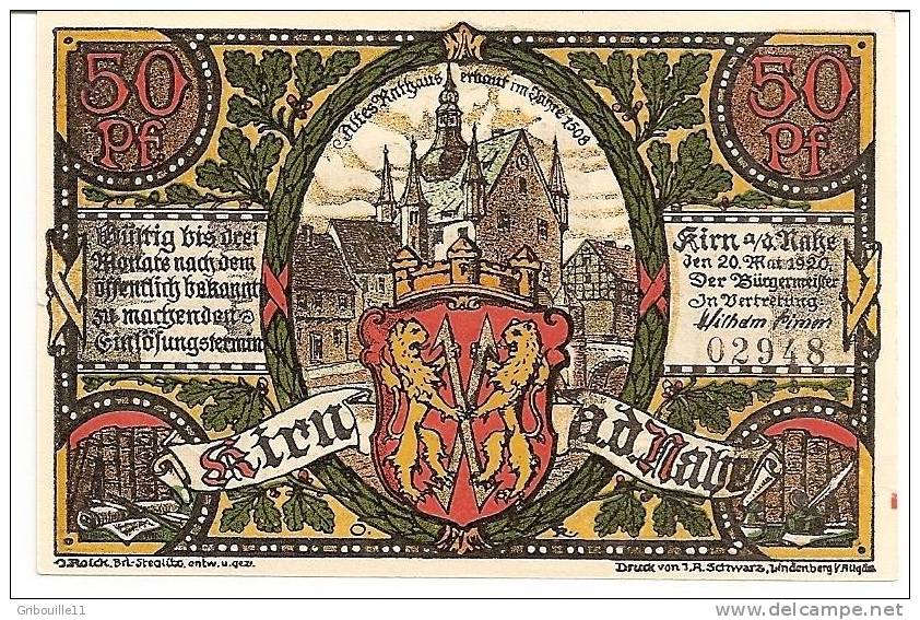 KIRN AN DER NAHE   -   ** 50 PFENNIG  GUTSCHEIN  VOM 20 MAI 1920 **  -   N° 02948 - Otros & Sin Clasificación