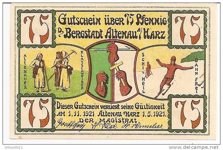 ALTENAU AN DER HARZ  -   ** 75 PFENNIG  GUTSCHEIN  VOM 01 05 1921 BIS ZUM 01 11 1921 **  - - Otros & Sin Clasificación