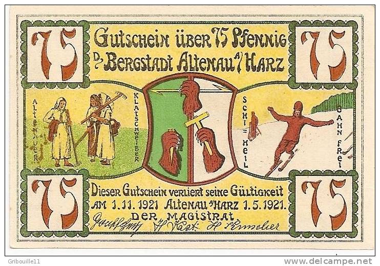 ALTENAU AN DER HARZ  -   ** 75 PFENNIG  GUTSCHEIN ** VOM 01 05 1921 BIS ZUM 01 11 1921- - Otros & Sin Clasificación