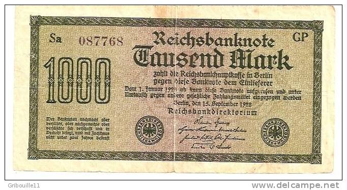 TAUSEND MARK  REICHSBANKNOTE  - Berlin Den 15 September 1922 - 1000 Mark