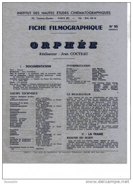 FICHE FILMOGRAPHIQUE - N°95 - I.D.H.E.C. - FILM  - ORPHEE - JEAN COCTEAU - Cinéma/Télévision