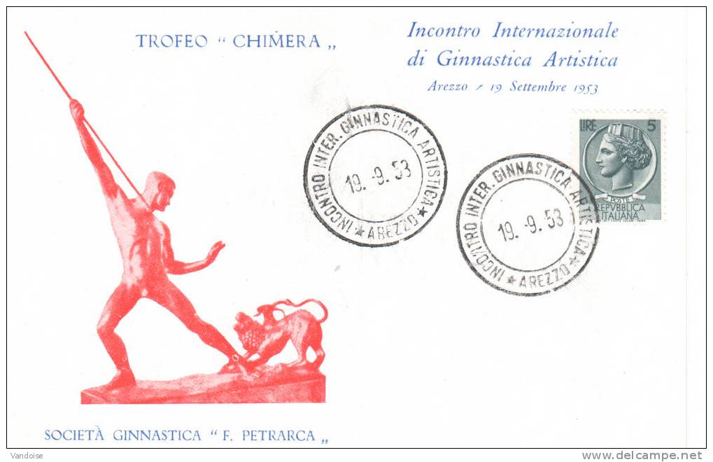 CARTE COMMEMORATIVE RENCONTRE INTERNATIONALE DE GYMNASTIQUE ARTISTIQUE AREZZO 1953 - Gymnastique