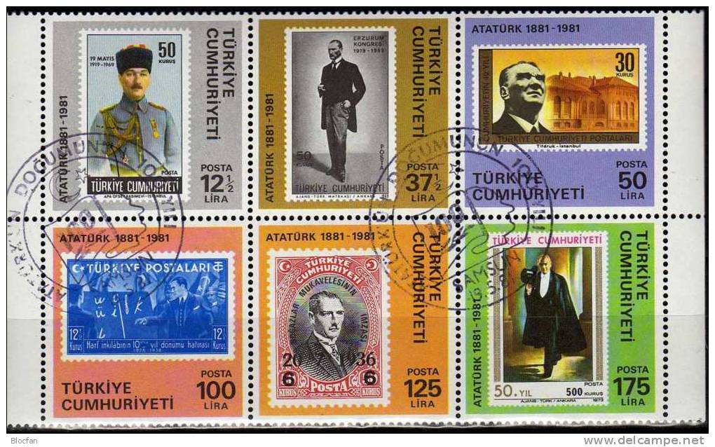 Briefmarken 1981 Der Türkei Auf Marken Der Türkiye 100.GT Atatürk 2557/2 Im 6-Block Aus Bl. 19 O 18€ Se-tenant Of Turkye - Verzamelingen & Reeksen