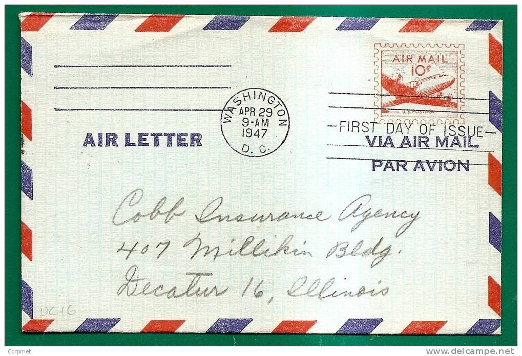 AIR LETTER - 2-line Inscription At Back - FIRST DAY COVER  Apr-29-1947 - Scott N° UC16 - 1941-60
