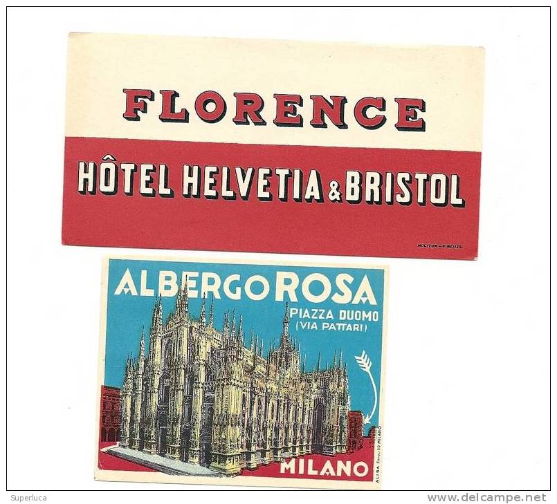 2(due) Etichette Per Valige Anni40 Di Hotel Di Milano(albergo Rosa) E Di Firenze(florence)hotel Helvetia - Hotel Labels