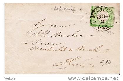 Brs178/ Mannheim, Ortsbrief 1874, Grosses Schild, 1 Kreuzer - Brieven En Documenten