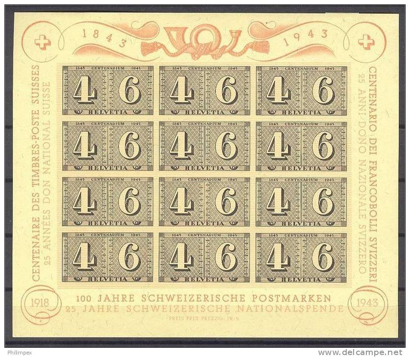 SWITZERLAND, LUXUS-SHEETLET ZÜRICH 1943, NEVER HINGED - Blocks & Sheetlets & Panes