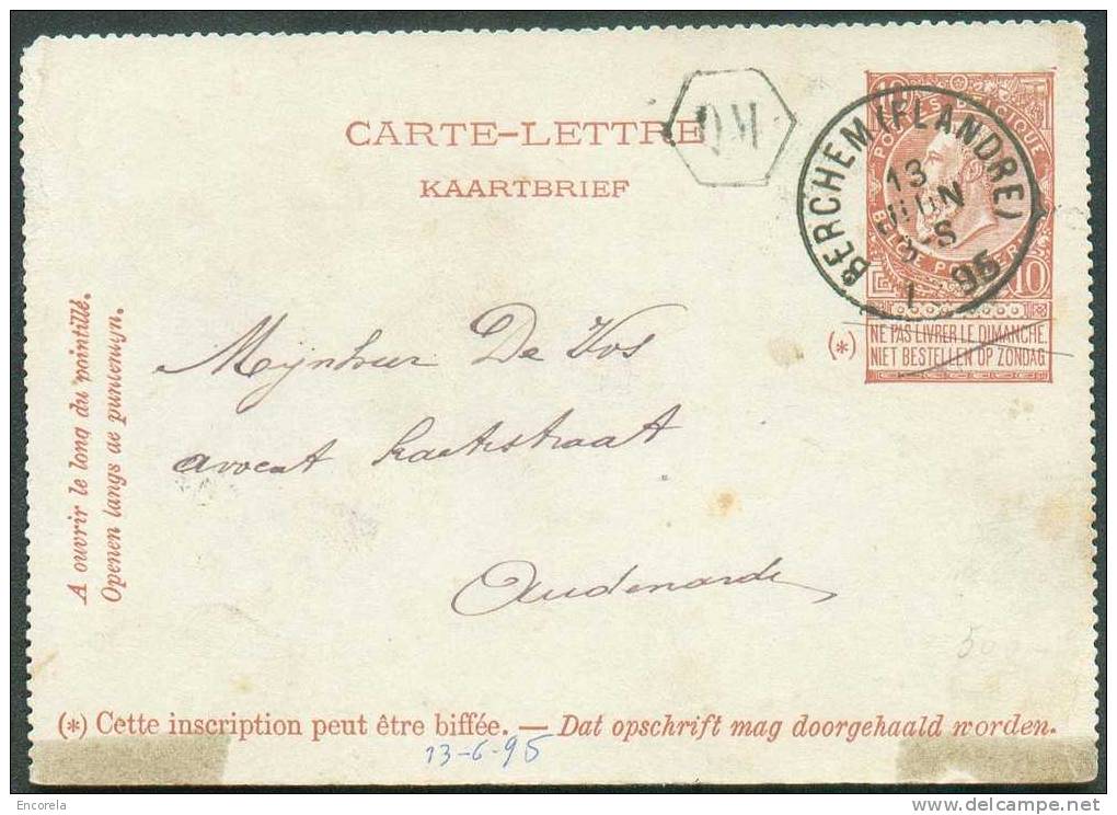 E.P Carte-lettre 10c. Fine Barbe, Obl. Sc BERCHEM (FLANDRE) + Boîte QM Du 13 Juin 1895 Vers Oudenaerde. - 3498 - Cartes-lettres