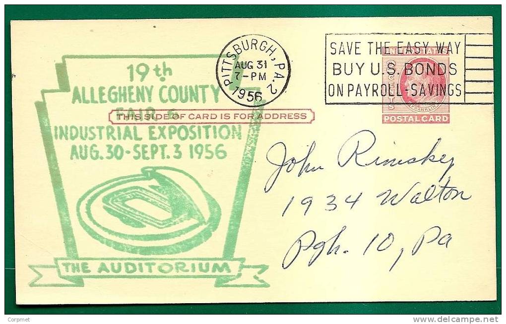 ALLEGHENY COUNTY FAIR & INDUSTRIAL EXPOSITION - VF PITTSBURGH 1956 POSTAL STATIONERY CACHETED CARD - 1941-60