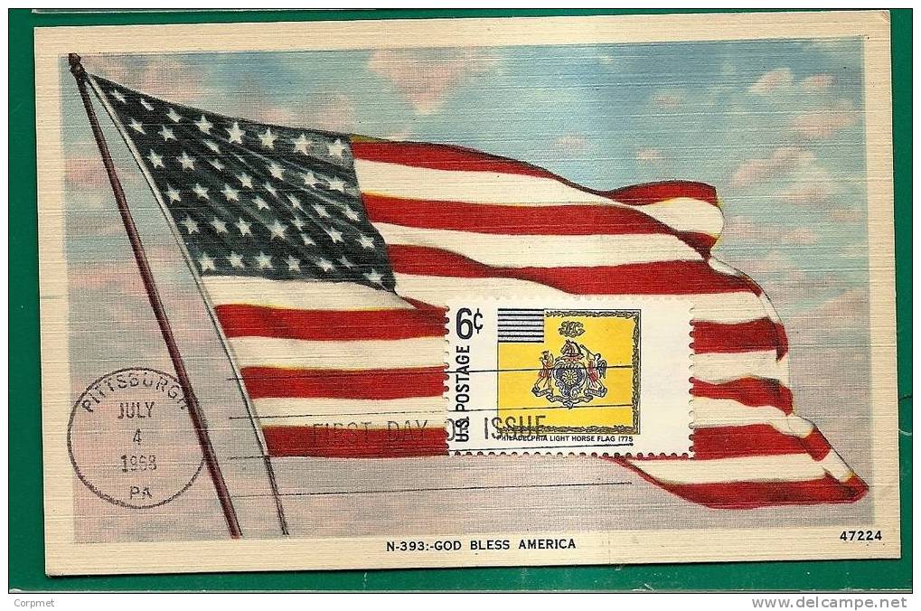 FLAGS - PHILADELPHIA FLAG On FIRST DAY USA FLAG Unused POSTCARD - GOD BLESS AMERICA - VF ITEM !!!! - Buste