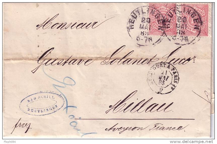 WURTEMBERG-REUTLINGER 20-5-1883 POUR LA FRANCE- CACHET A DATE AMBULANT AVRICOURT A PARIS DU 21 MAI - Storia Postale