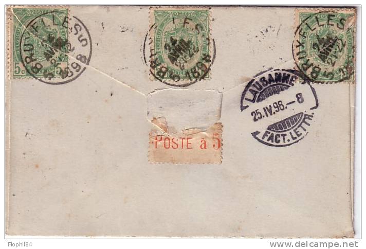 BELGIQUE-ENTIER POSTAL 25-4-1898-ENVELOPPE LETTRE ENTIER POSTAL POUR LA SUISSE AFFRANCHISSEMENT AU VERSO - Sobres-cartas
