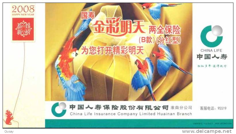 Parrots Birds China Life Insurance Co  Huainan Branch Co. Ad  ,    Pre-stamped Card , Postal Stationery - Perroquets & Tropicaux