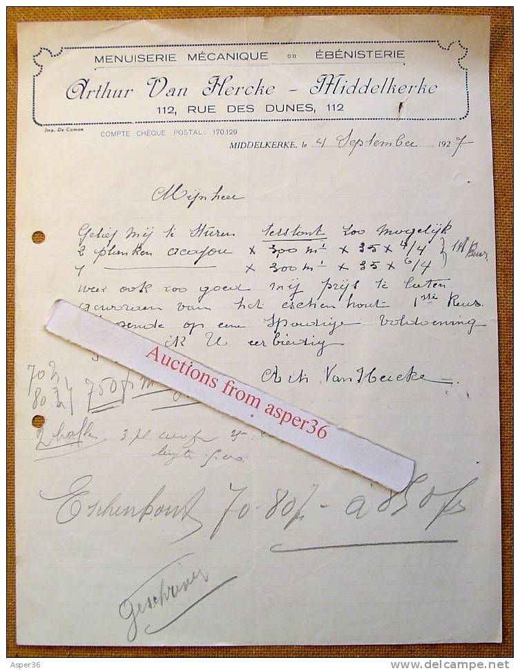 Brief "Ebénisterie, Arthur Van Hercke, Middelkerke 1927" - 1900 – 1949