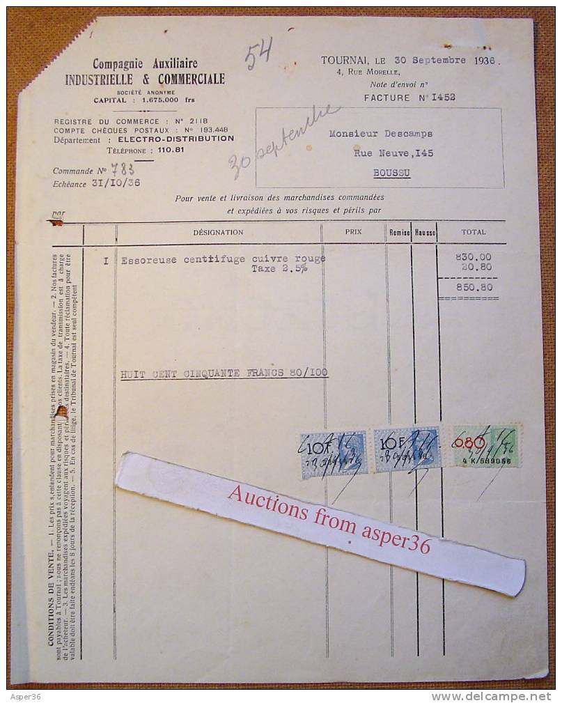 Facture "Compagnie Industrièlle & Commerciale, Tournai 1936" - 1900 – 1949