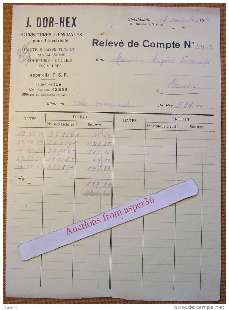 Facture "Fournitures Pour Electricité, J.Dor-Hex, St-Ghislain 1936" - 1900 – 1949