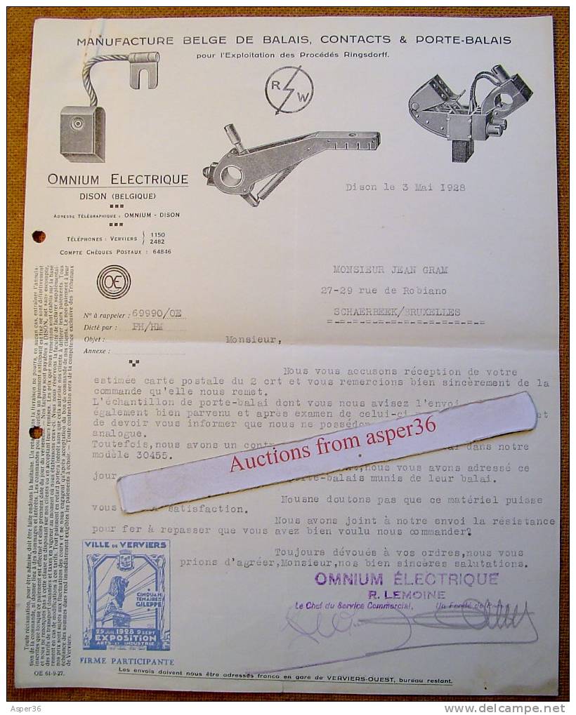 Lettre & Facture "Omnium Electrique, Dison 1928" - 1900 – 1949