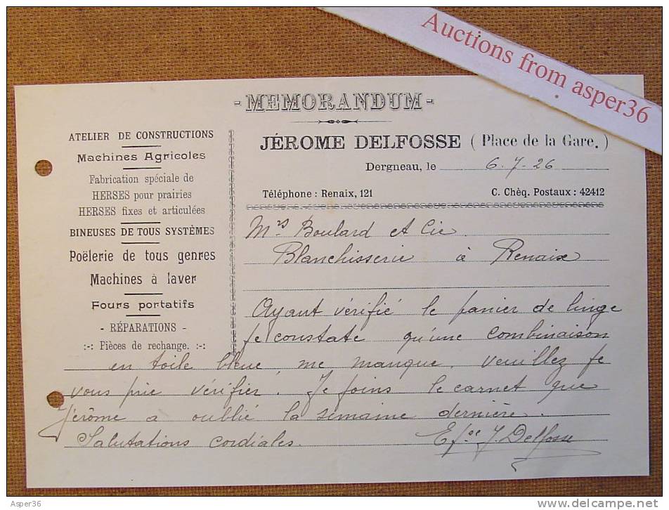 Memorandum "Machines Agricoles, Jérome Delfosse, Dergneau 1926" - 1900 – 1949