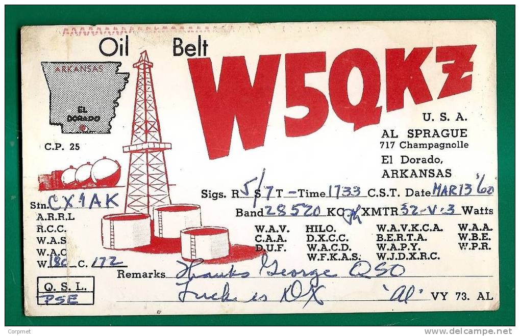 OIL INDUSTRY - PETROLEUM - OIL BELT - RADIO CARD Sent  In 1960 From EL DORADO, ARKANSAS To MONTEVIDEO - Industry