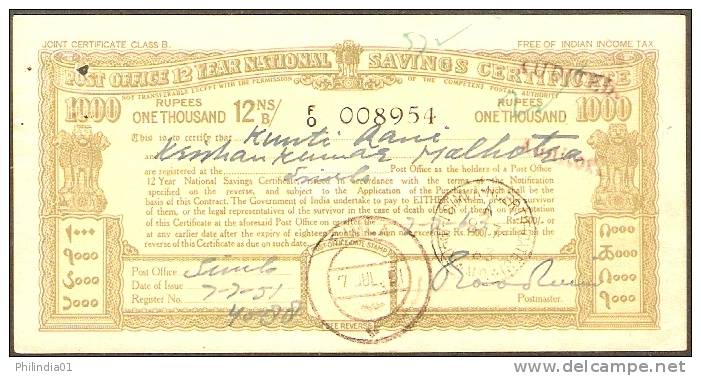 India 1951 Rs.1000 Post Office National Saving Certificate Scripophily Rare  # 12630 - Cheques & Traveler's Cheques