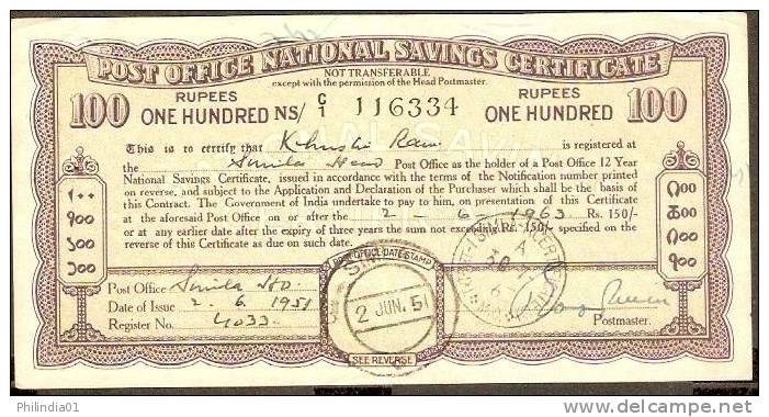 India 1951 Rs.100 Post Office National Saving Certificate Scripophily Rare  # 12621 - Schecks  Und Reiseschecks