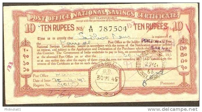 India 1945 Rs.10 Post Office National Saving Certificate Scripophily Rare  # 12622 - Cheques & Traveler's Cheques