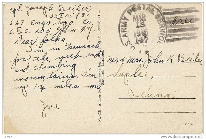 GERMANT -- Garmisch - Partenkirchen -- Free Military Mail -- U.S. Army - SENT 1947 - Garmisch-Partenkirchen