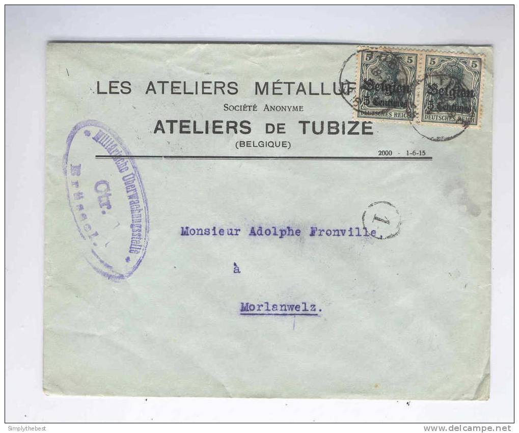 Lettre TP Germania Cachet Belge TUBIZE 1916 - Censure BXL -  Entete Ateliers Métallurgiques De Tubize   --  COL273 - OC1/25 Gouvernement Général