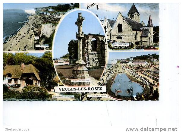 76 VEULES LES ROSES 5 VUES 1 CARTE PLAGE EGLISE CHAUMIERE PISCINE GABY N ° 1- ANIMATION - Veules Les Roses