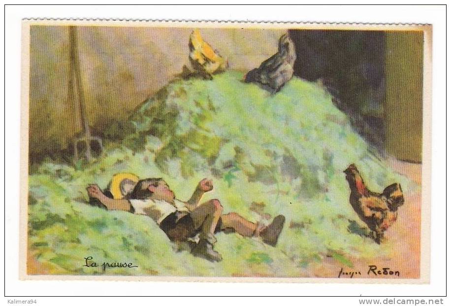 " LA  PAUSE "   ( Enfant , Paille , Poules Et Poulailler ) , Dessin  De  JACQUES  REDON   ( Série 1939 )  N° 3 - Redon