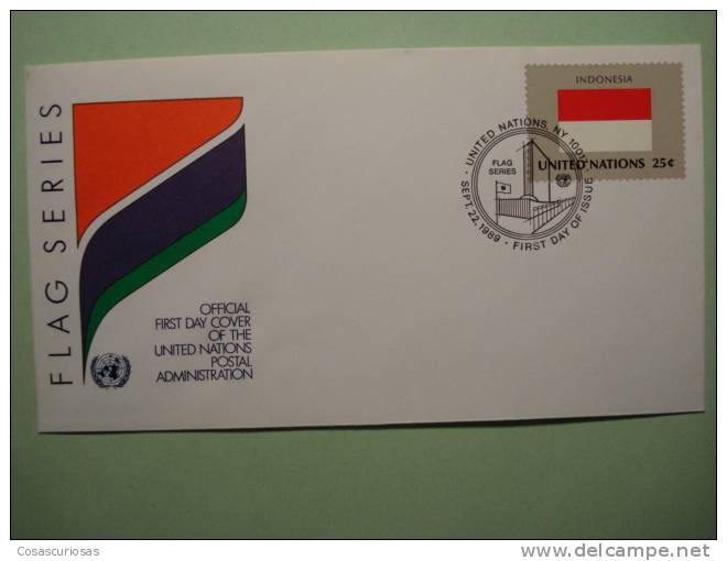 8588 FLAG DRAPEAUX BANDERA  INDONESIA  - FDC SPD   O.N.U  U.N OFFICIAL FIRST DAY COVER AÑO/YEAR 1989 - Buste