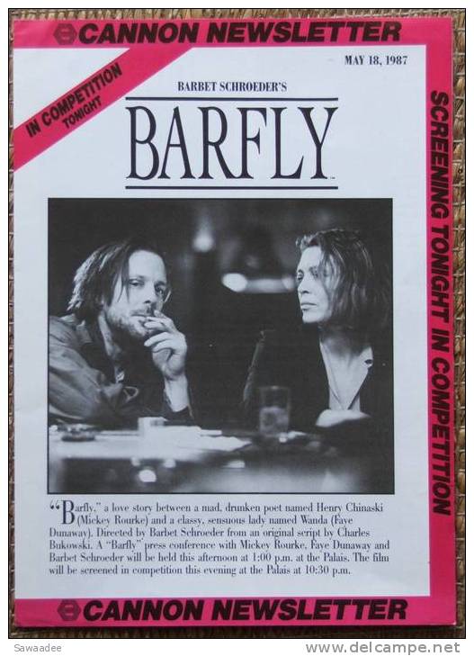 PLAQUETTE - CANNON NEWSLETTER - FILM - BARFLY - BARBET SCHROEDER - Bioscoopreclame