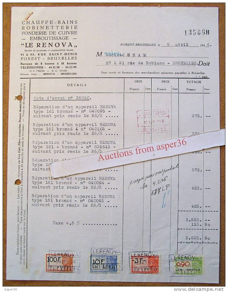 Facture "Appareil Renova, Forest 1946" - 1900 – 1949