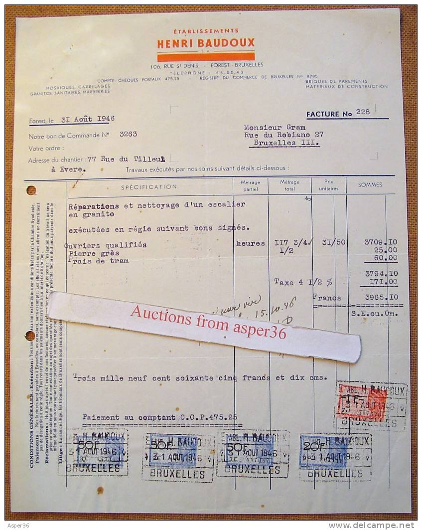 Facture "Ets Henri Baudoux, Forest 1946" - 1900 – 1949