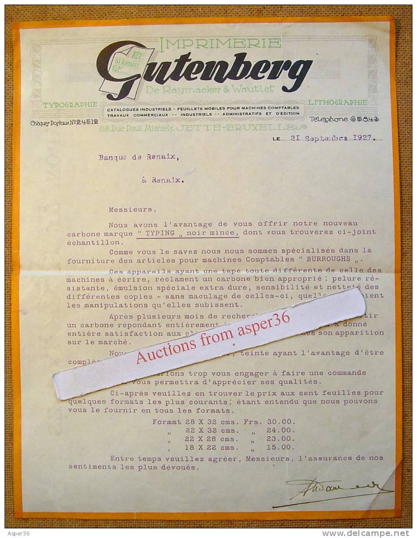 Lettre "Imprimerie Gutenberg, De Raymaeker & Wautlet, Jette 1927" - 1900 – 1949