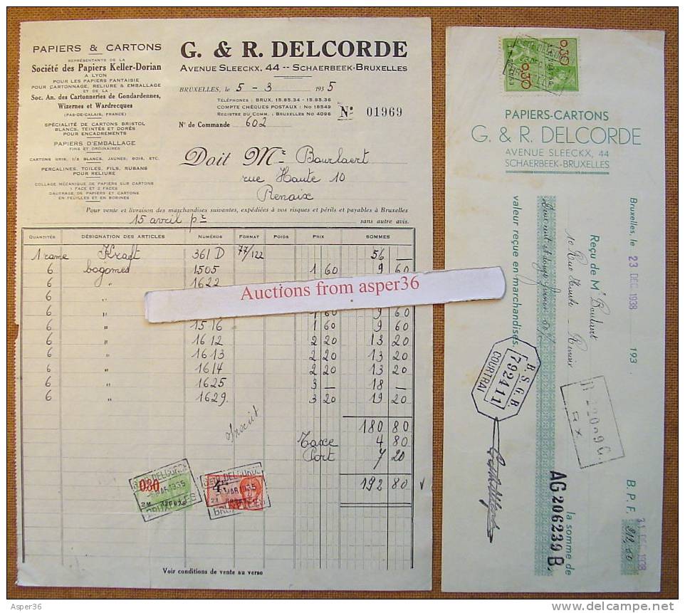 Facture & Reçu "Papiers-Cartons, Delcorde, Schaerbeek 1935 & 38 - 1900 – 1949