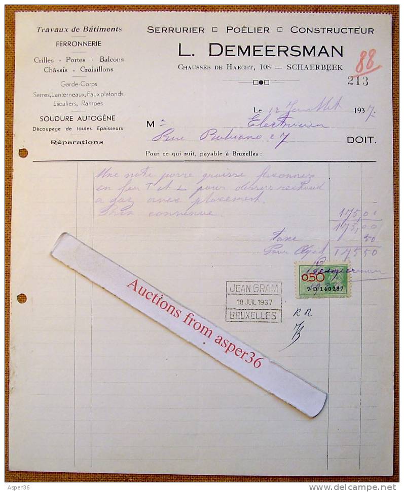 Facture "Travaux De Bâtiments, L. Demeersman, Schaerbeek 1937" - 1900 – 1949