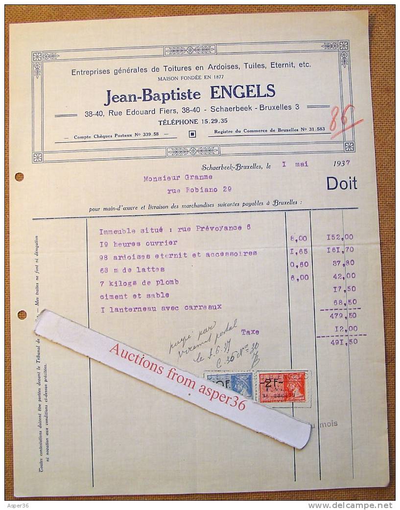Facture "Toitures En Ardoises, Jean-Baptiste Engels, Schaerbeek 1937" - 1900 – 1949